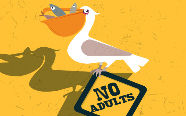 Results image of pelican eating fish with no adults sign