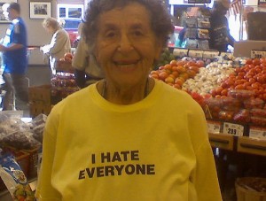 Results image of smiling lady in I Hate Everyone shirt