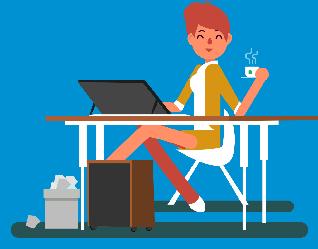 Results image of woman on computer drinking coffee cartoon