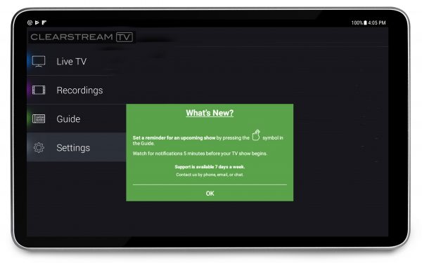 Results image of ClearStream TV App on tablet