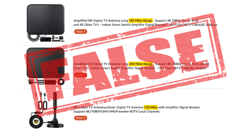 false antenna range claims on an internet result page