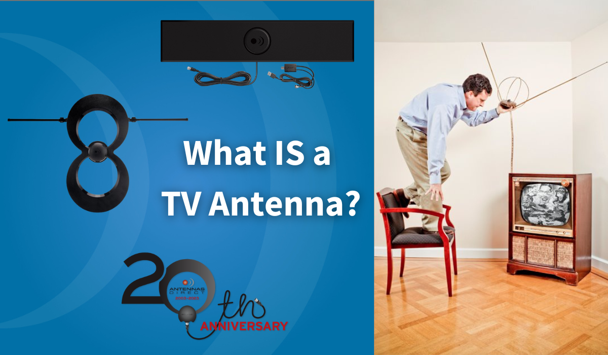 What is a TV antenna blog, Richard standing on chair with an old pair of rabbit ear antennas
