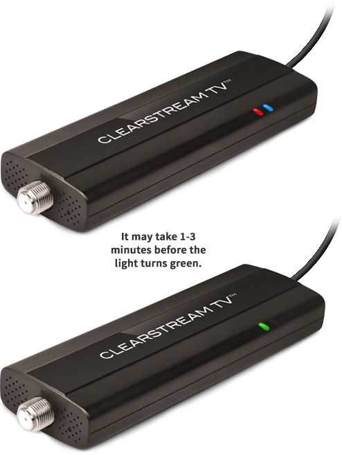 ClearStream TV Tuner showing status lights changing from red and blue to green. It may take 1-3 minutes before the light turns green.
