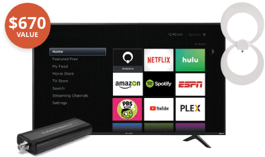 Giveaway package valued at $670 including Smart TV, ClearStream TV Wireless Tuner Adapter, and antenna of your choice